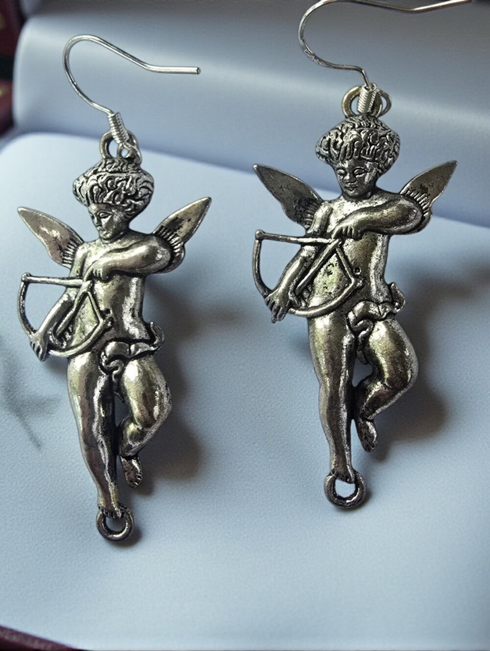 CUPID ANGEL CHERUB CHARM BOW ARROW QUALITY TITANIUM SILVER DROP DANGLE EARRINGS